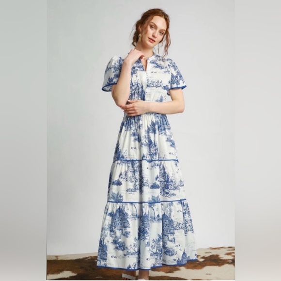 Umgee Dresses & Skirts - Blue White Toile Maxi Dress L Coastal Grandmother Cottagecore Tiered 100% Cotton